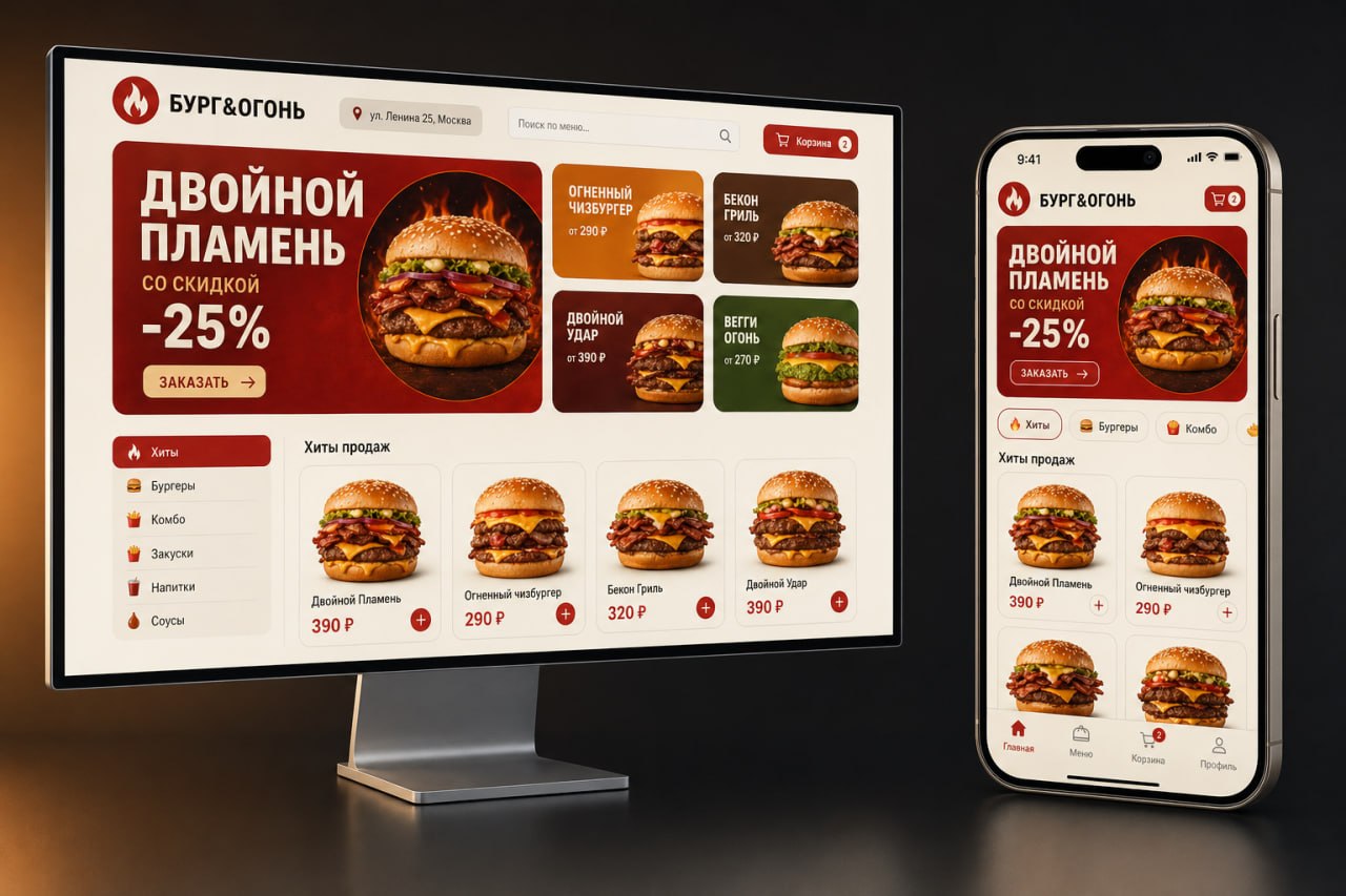 БУРГ&ОГОНЬ — сайт сети бургерных на углях