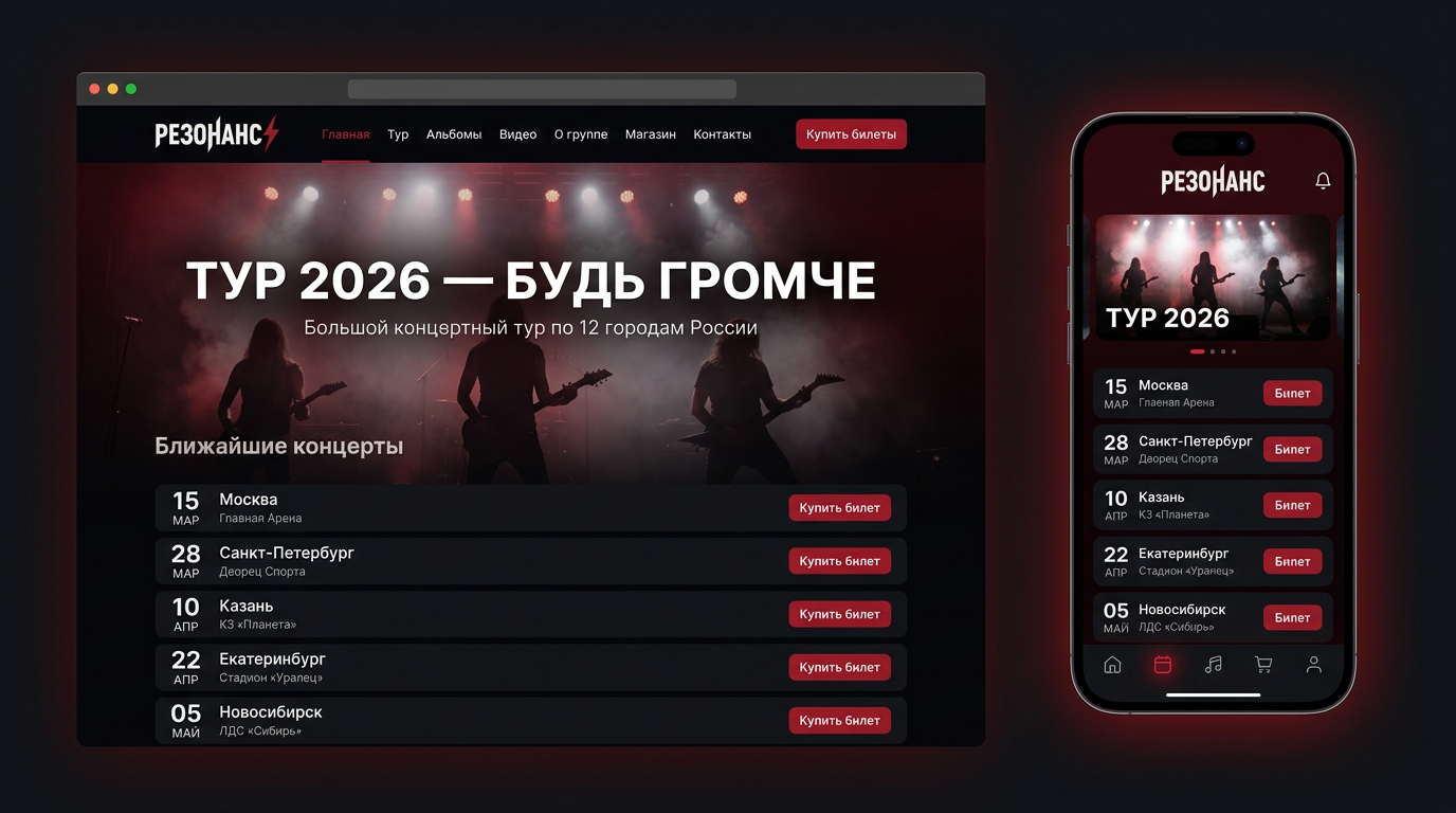 Сайт рок-группы РЕЗОНАНС — десктоп и мобильное приложение